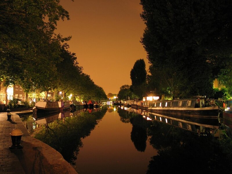 nighttime canal scene
