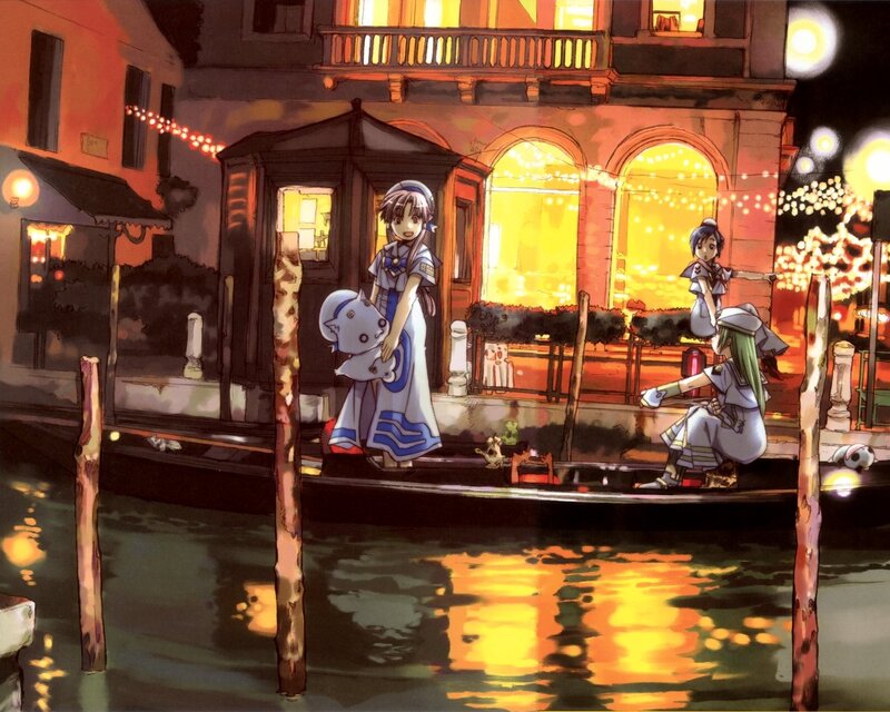 Nighttime canal scene with girls