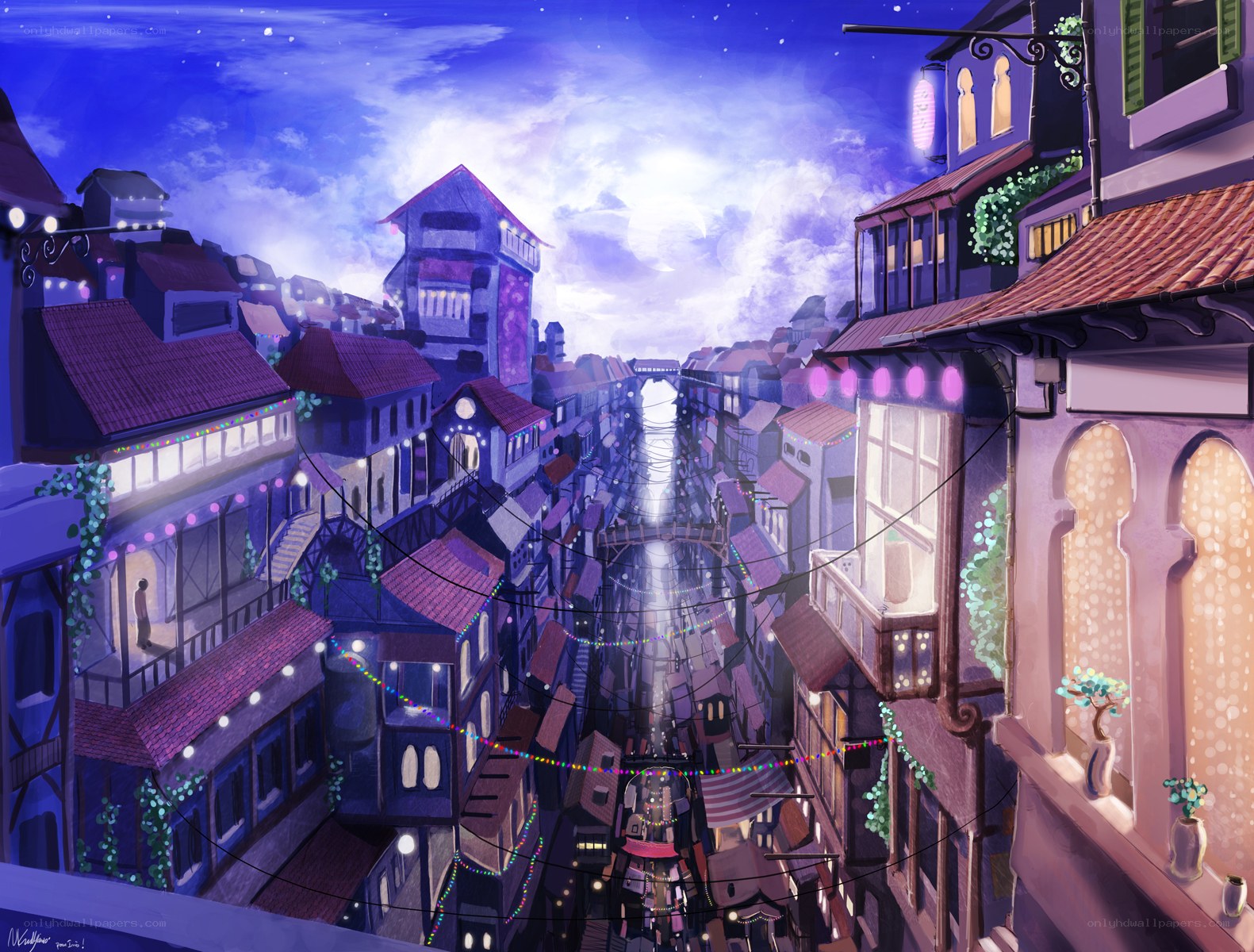 nighttime canal town scene