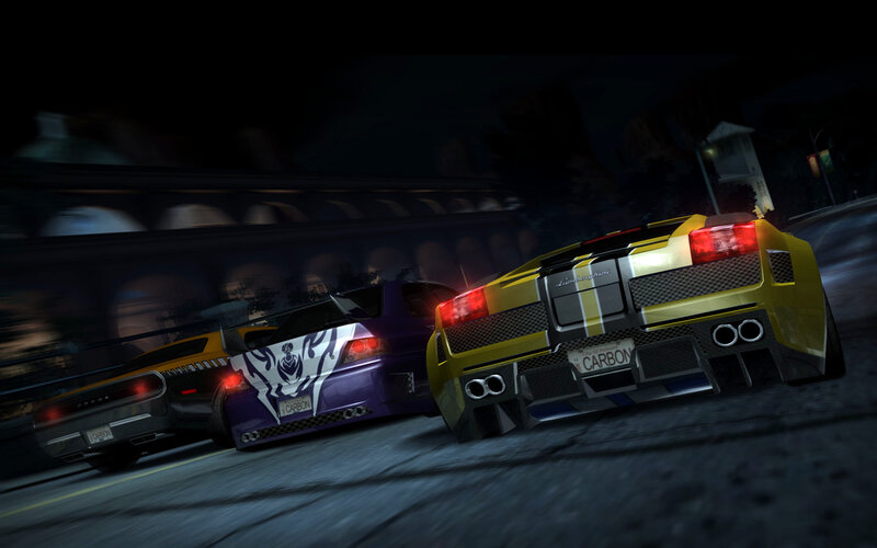 Nighttime car race in a video game