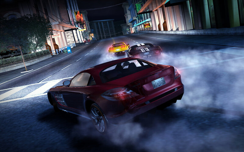 Nighttime car race in city