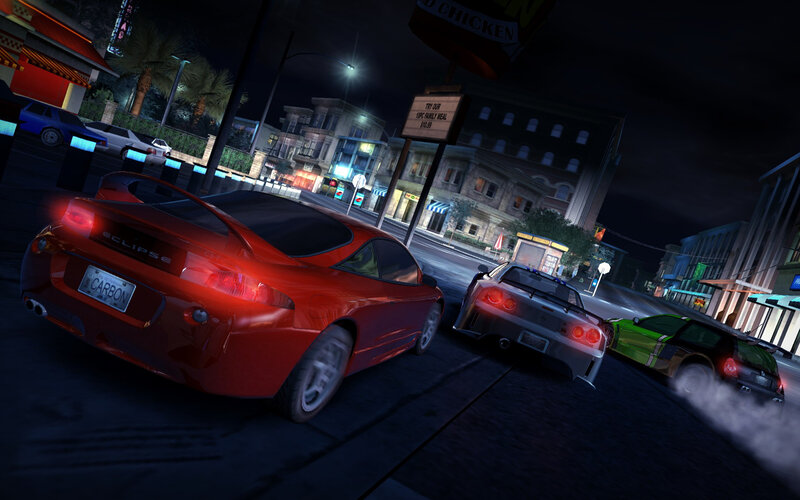 Nighttime car race in city