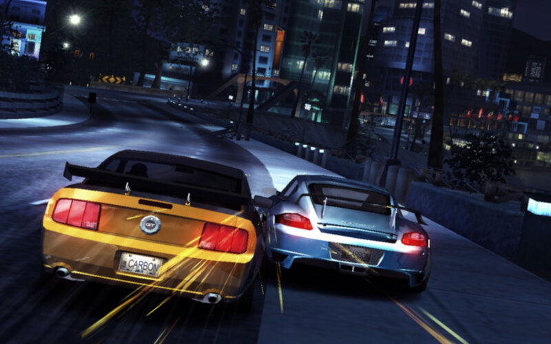 nighttime car race in city