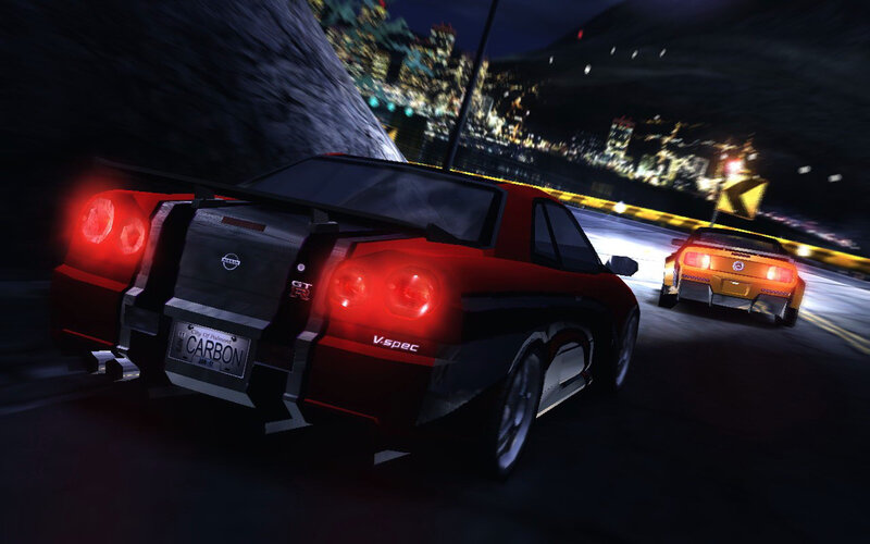 Nighttime car race in city