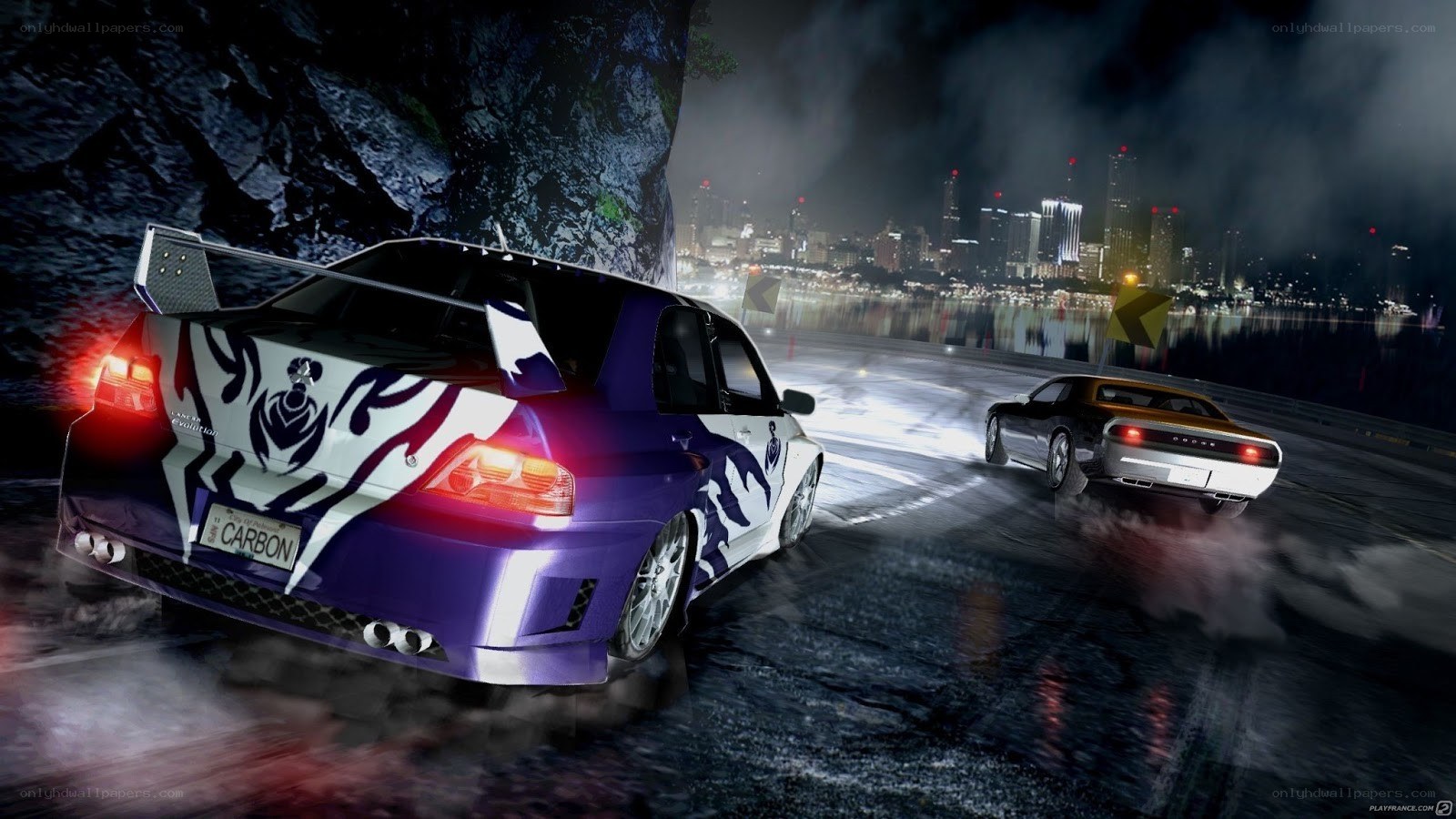 Nighttime car racing scene