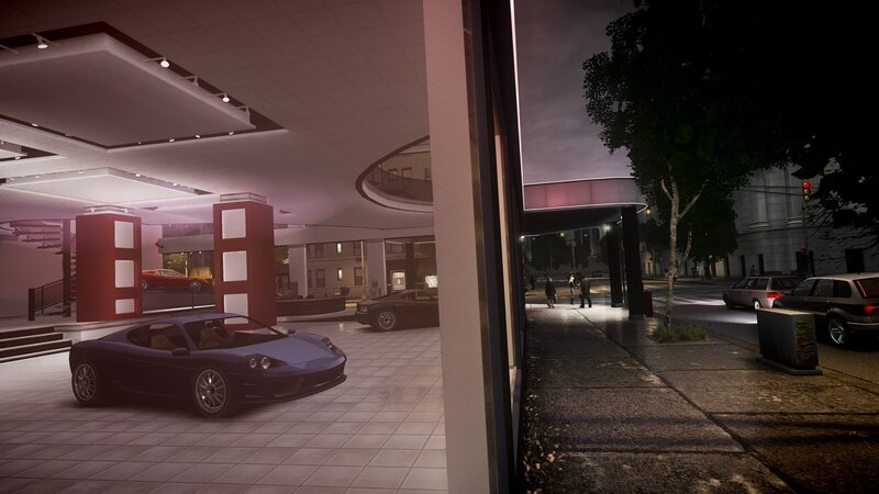 Nighttime car showroom scene