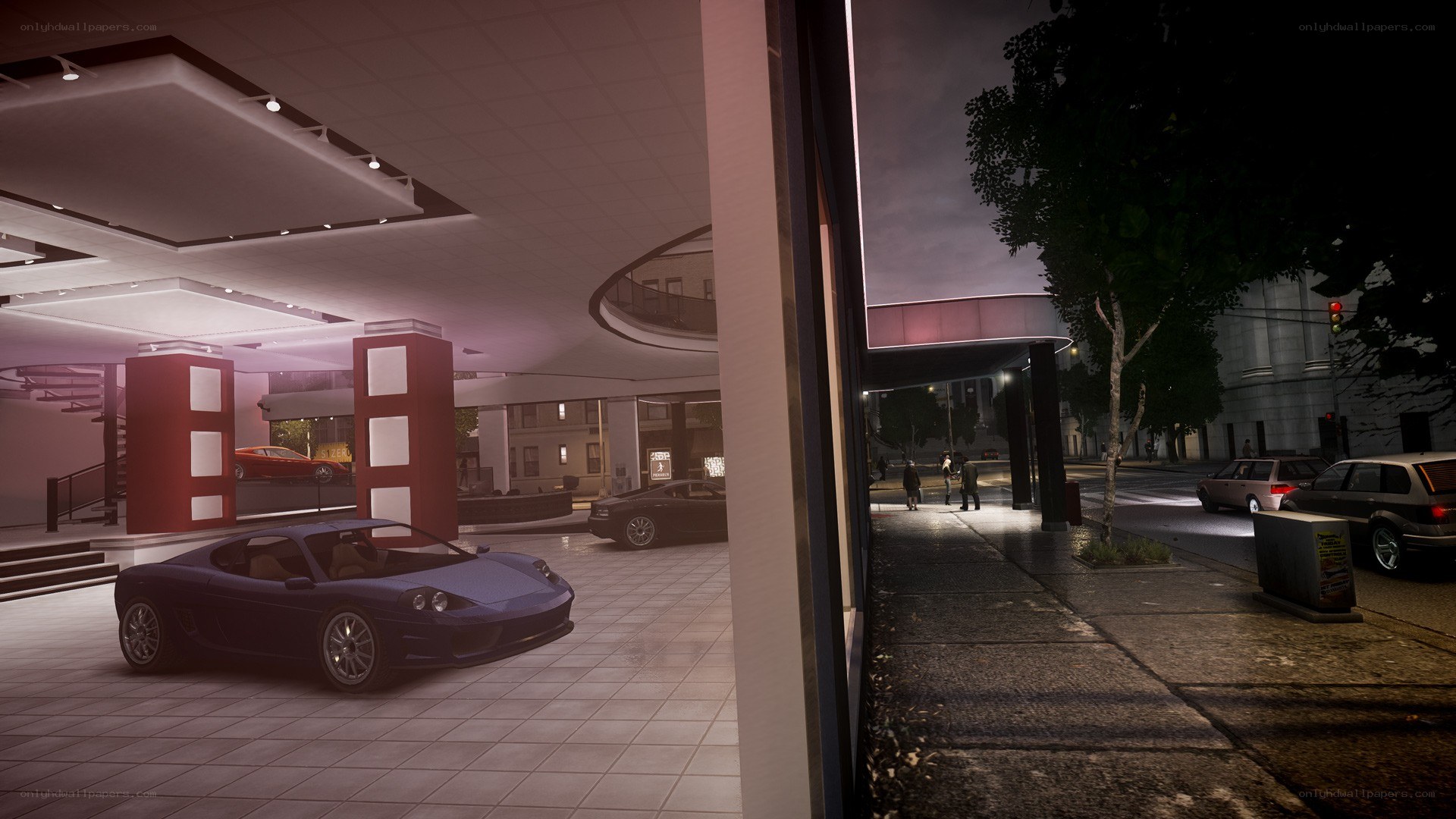 Nighttime car showroom scene