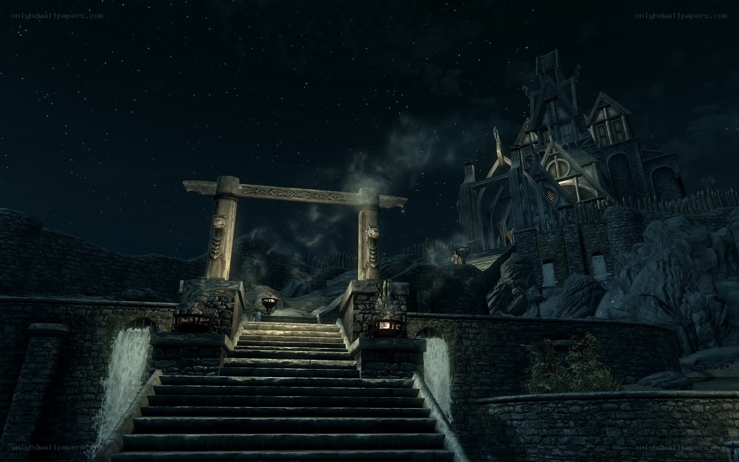 nighttime castle entrance