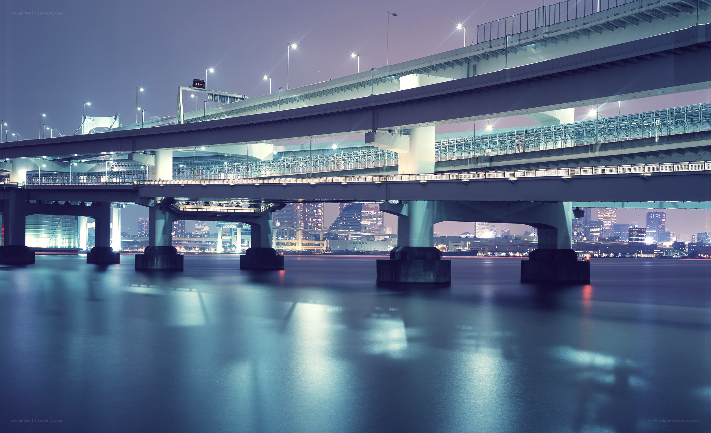 Nighttime city bridge scene