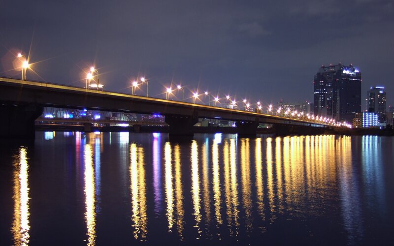 nighttime city bridge view