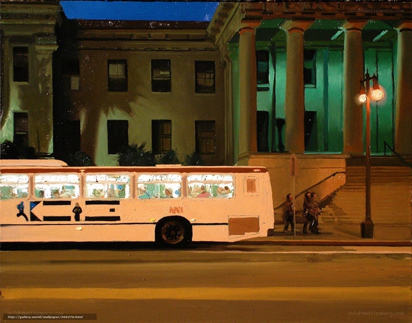 Nighttime city bus scene