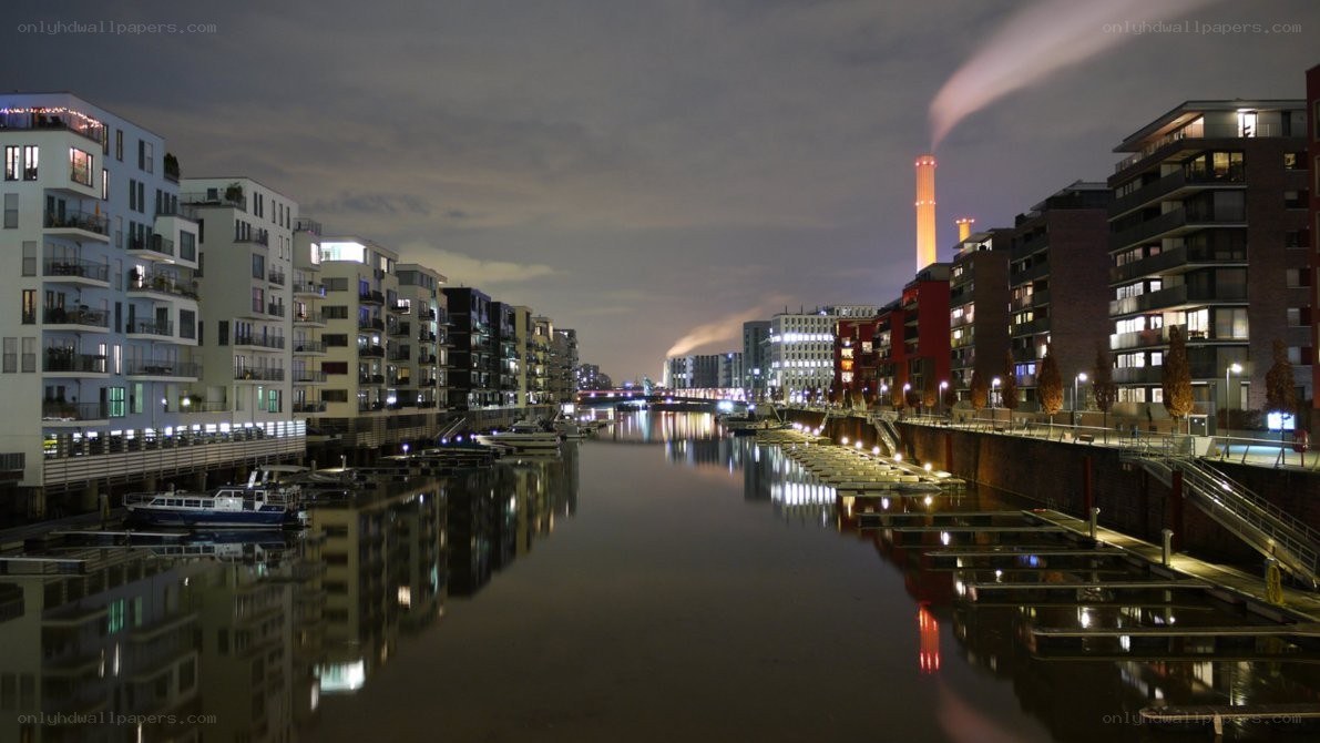 nighttime city canal scene