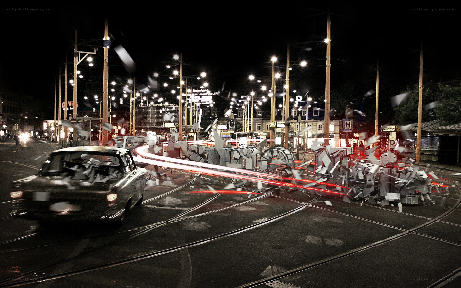Nighttime city crash scene
