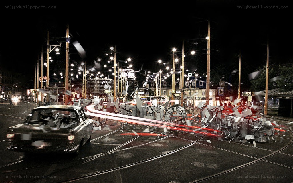 Nighttime city crash scene