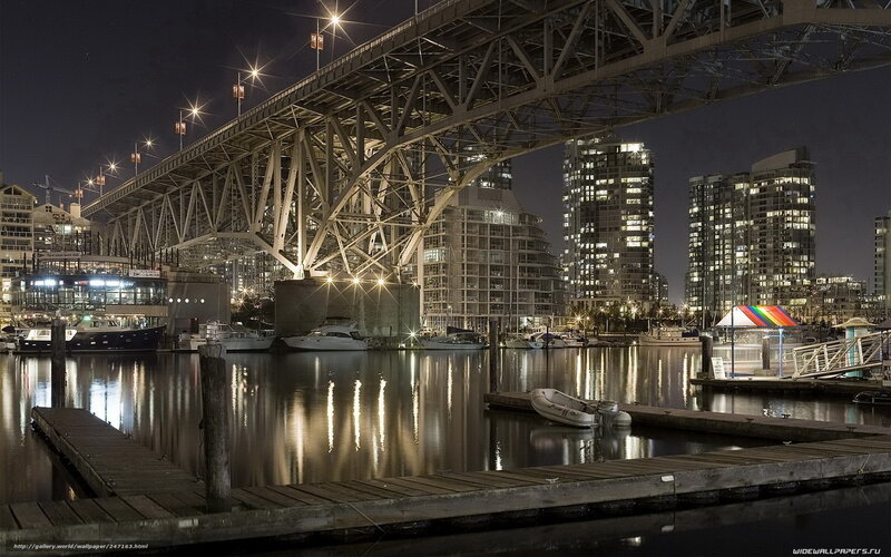 Nighttime city harbor scene