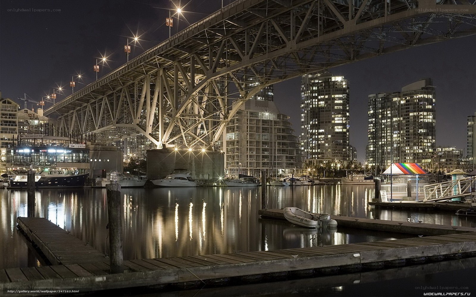 Nighttime city harbor scene