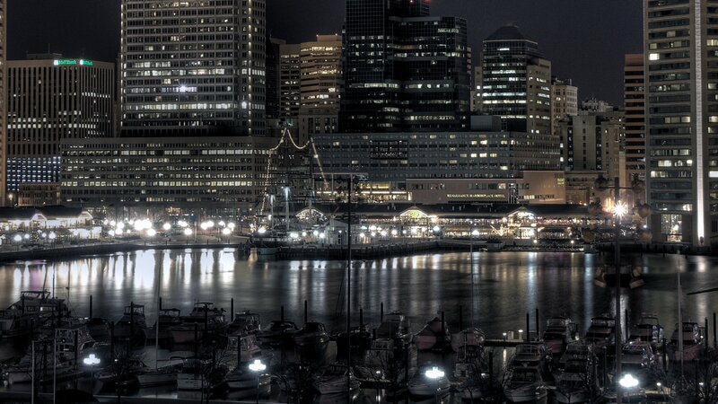 Nighttime city harbor view
