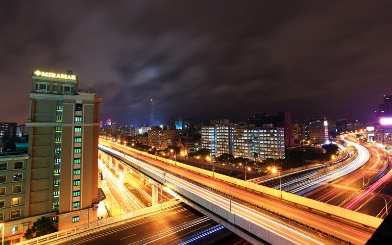 Nighttime City Highway — Black, Dramatic, Night, Photograph, Buildings, Traffic