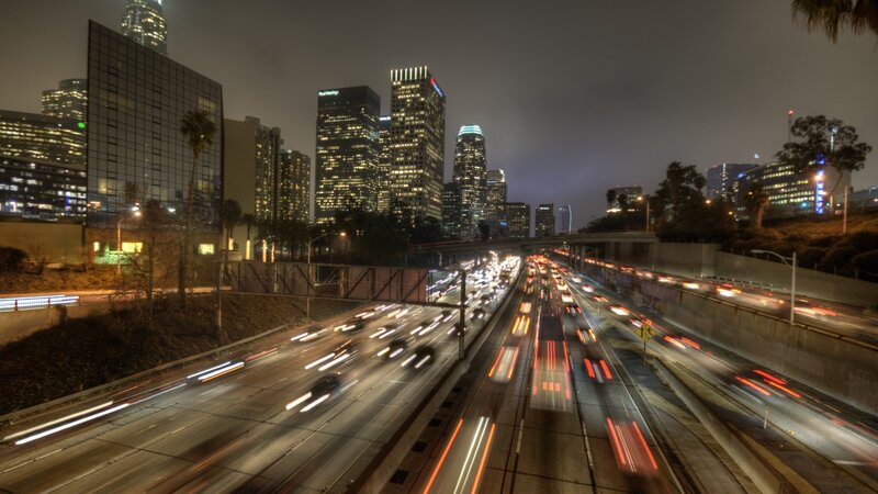 Nighttime City Highway — Black, Dramatic, Night, Photograph, Skyscrapers