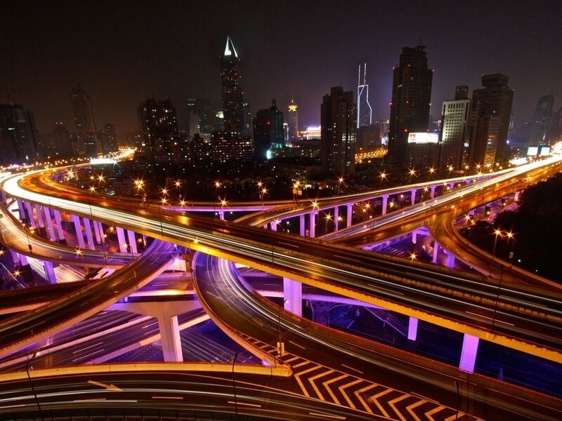 Nighttime city highway interchange