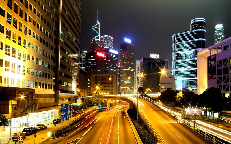 Nighttime City Highway — Yellow, Dramatic, Night, Photograph