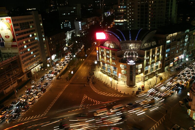 Nighttime City Intersection — Black, Busy, Night, Photograph