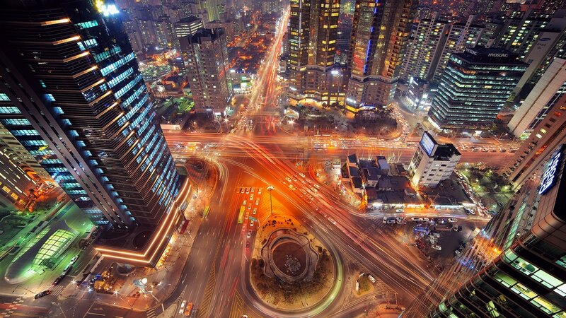 Nighttime City Intersection — Black, Dramatic, Night, Photograph, Skyscrapers