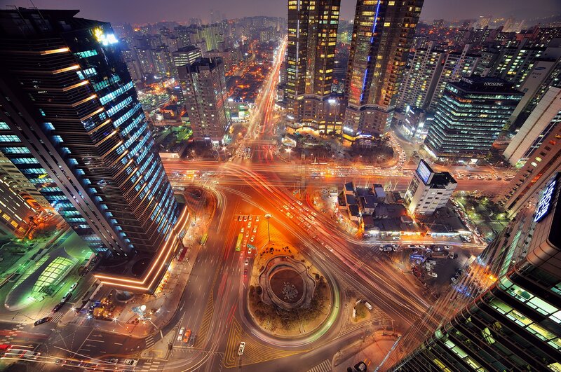 Nighttime City Intersection — Black, Dramatic, Night, Photograph, Skyscrapers, Traffic