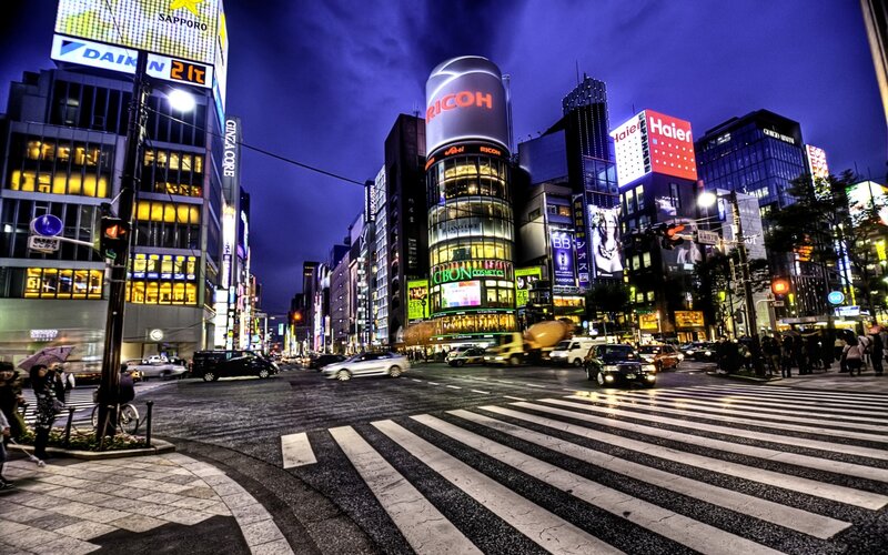 Nighttime City Intersection — Blue, Dramatic, Night, Photograph, Buildings