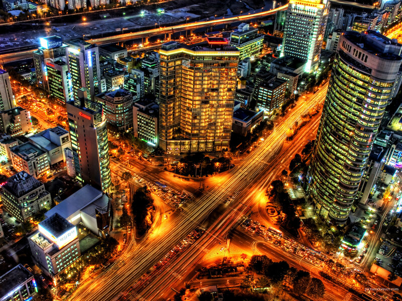 Nighttime City Intersection — Orange, Dramatic, Night, Photograph