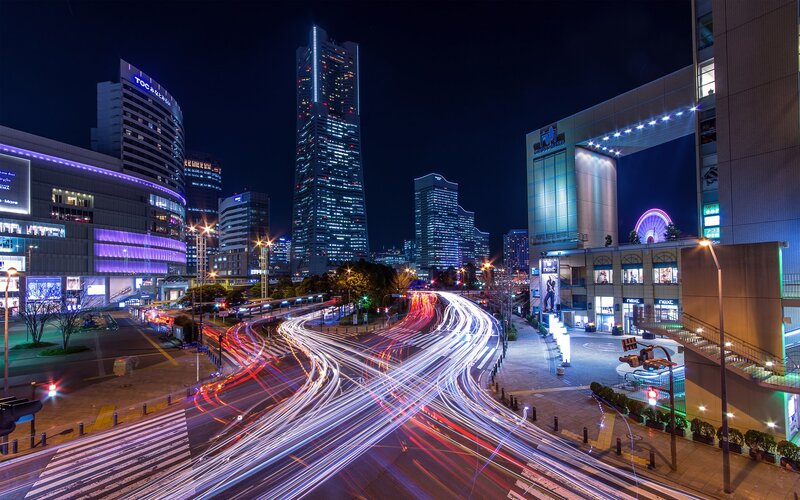 Nighttime city lights and traffic