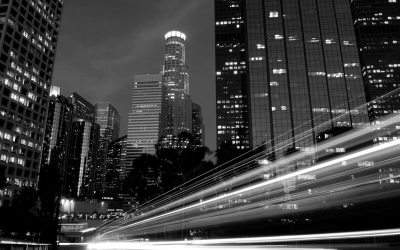 Nighttime city lights and traffic