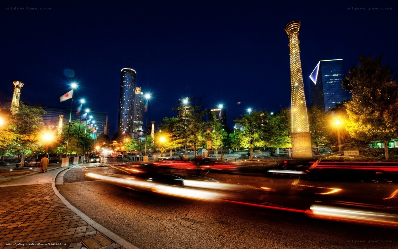 Nighttime city lights and traffic
