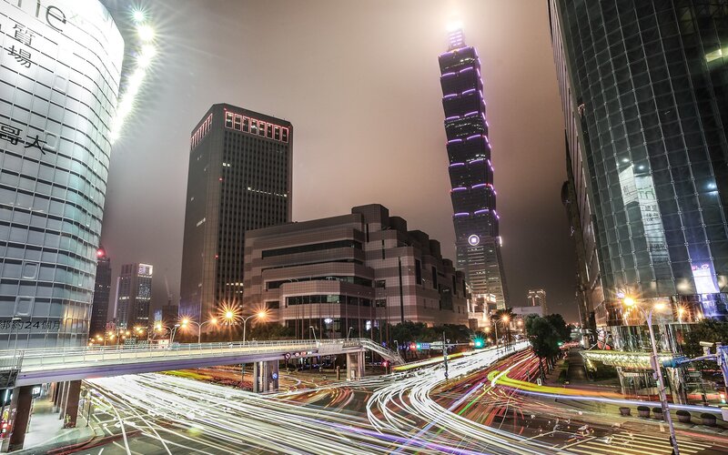 Nighttime city lights in Taipei