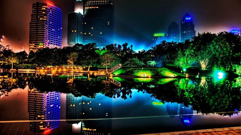 nighttime city park reflection