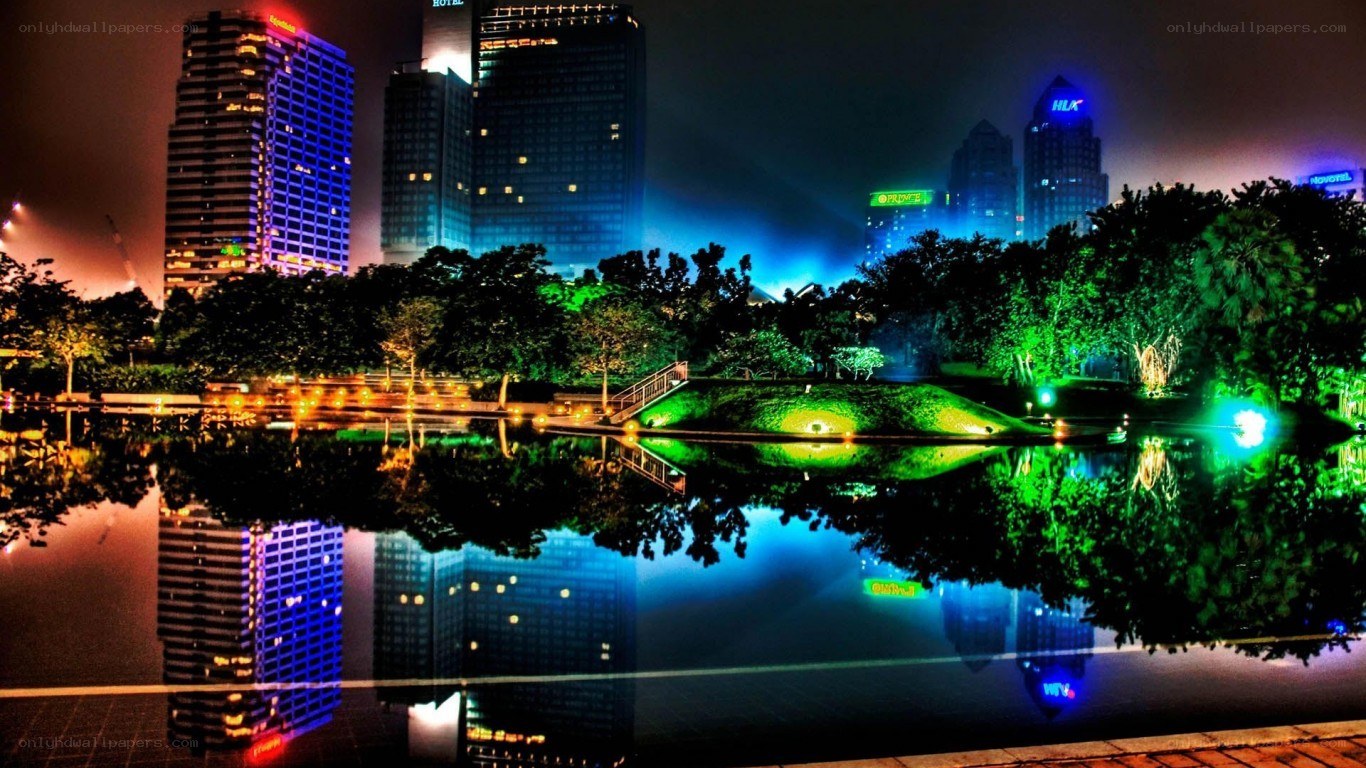 nighttime city park reflection