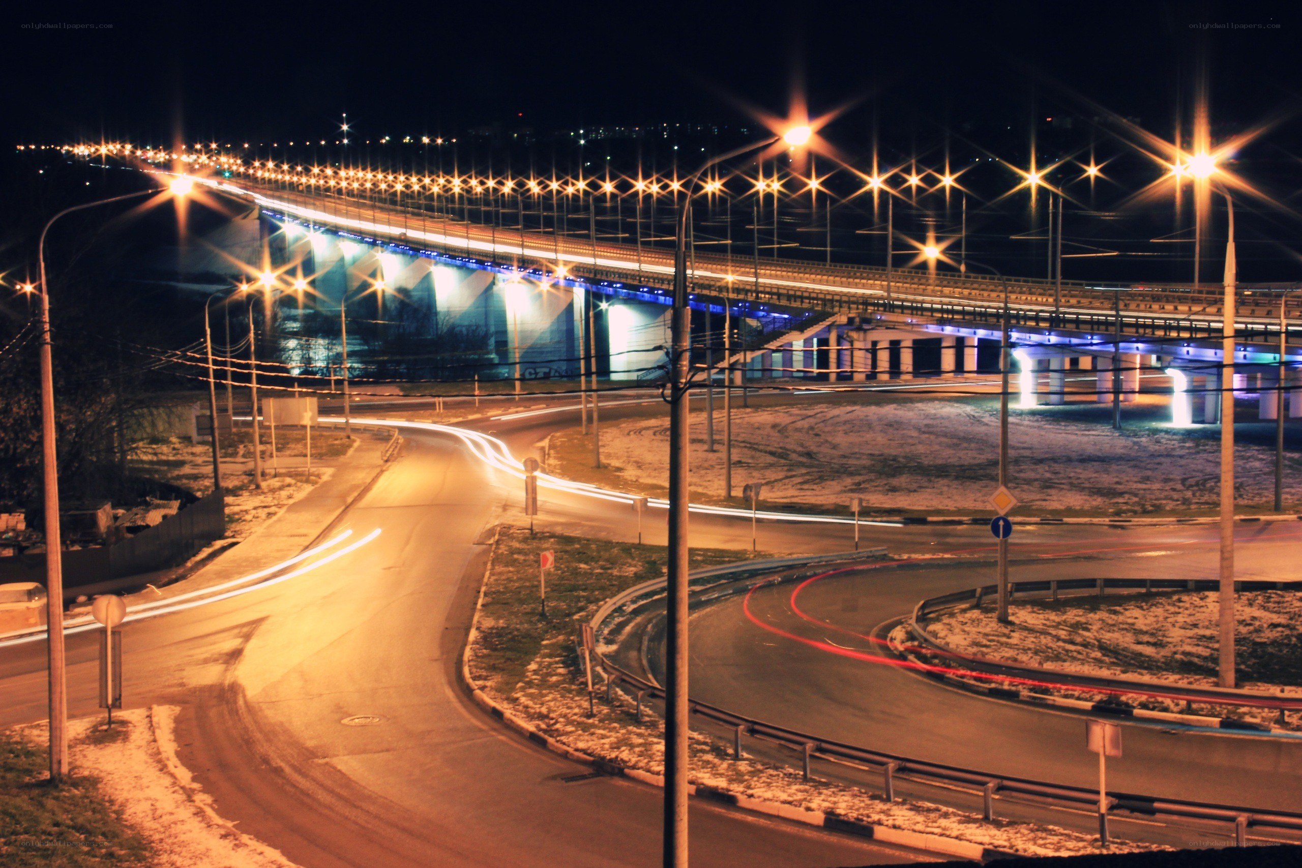 Nighttime city roads and bridge