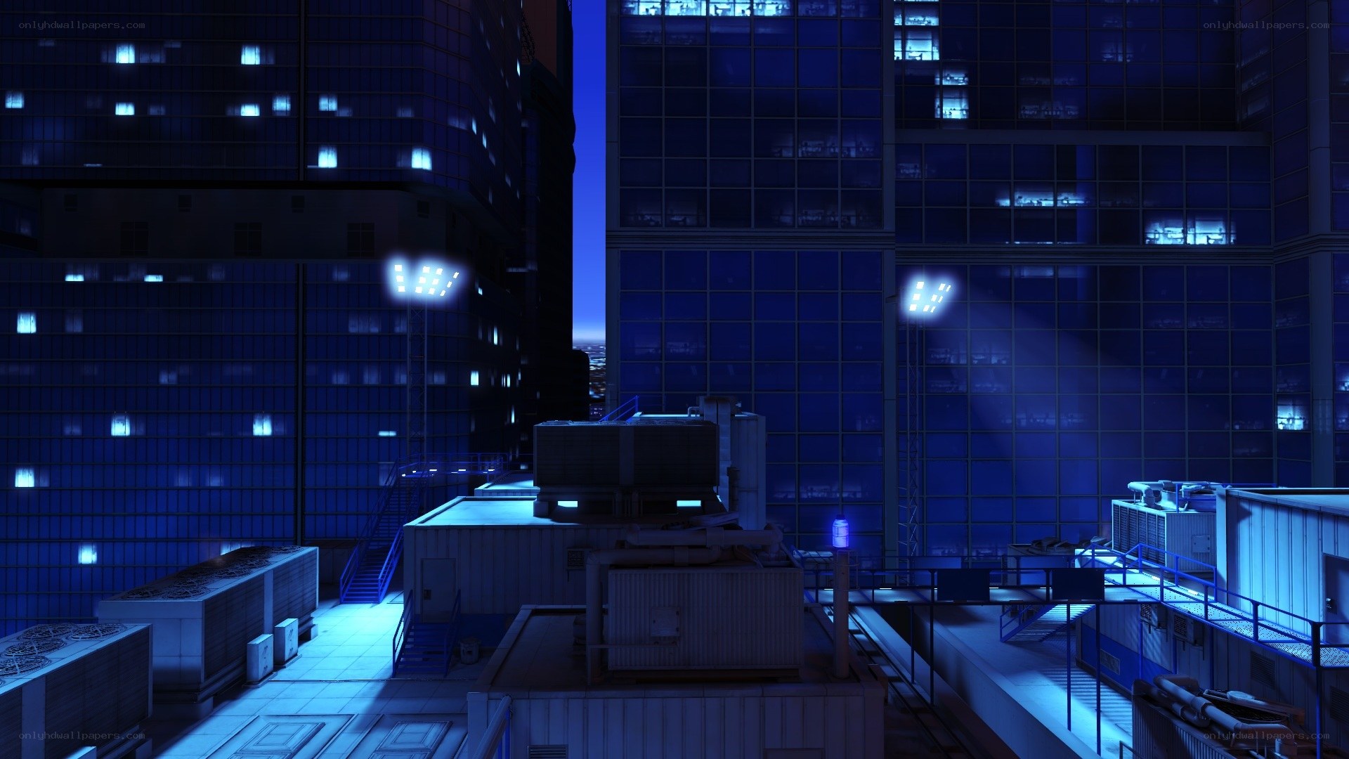 nighttime city rooftop scene
