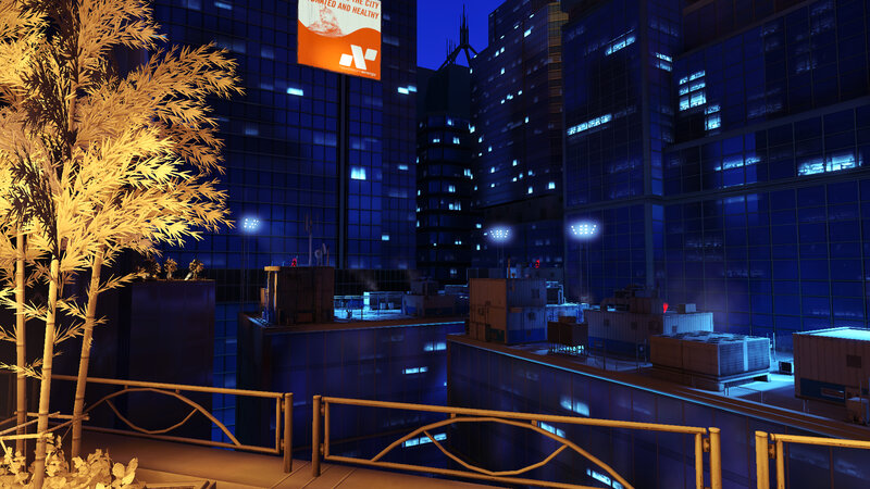nighttime city rooftop view