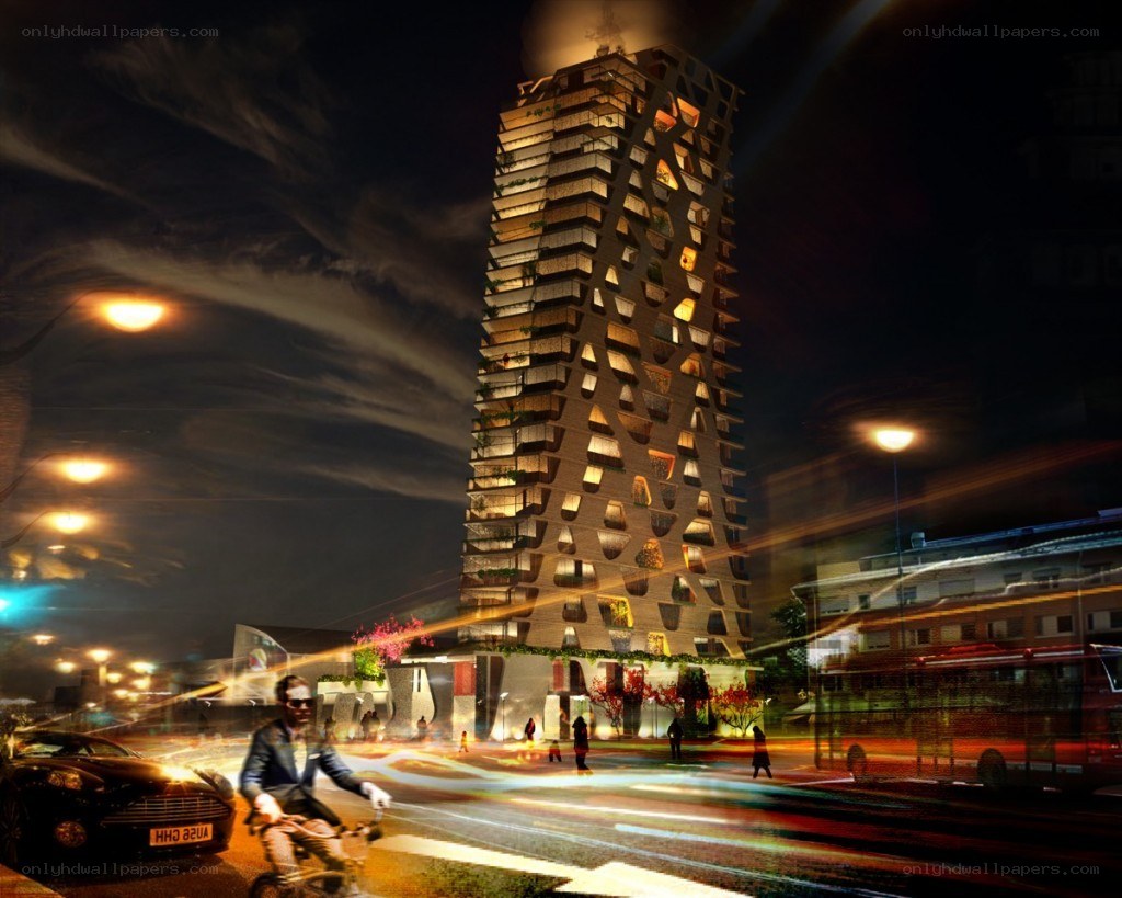 Nighttime city scene with modern building