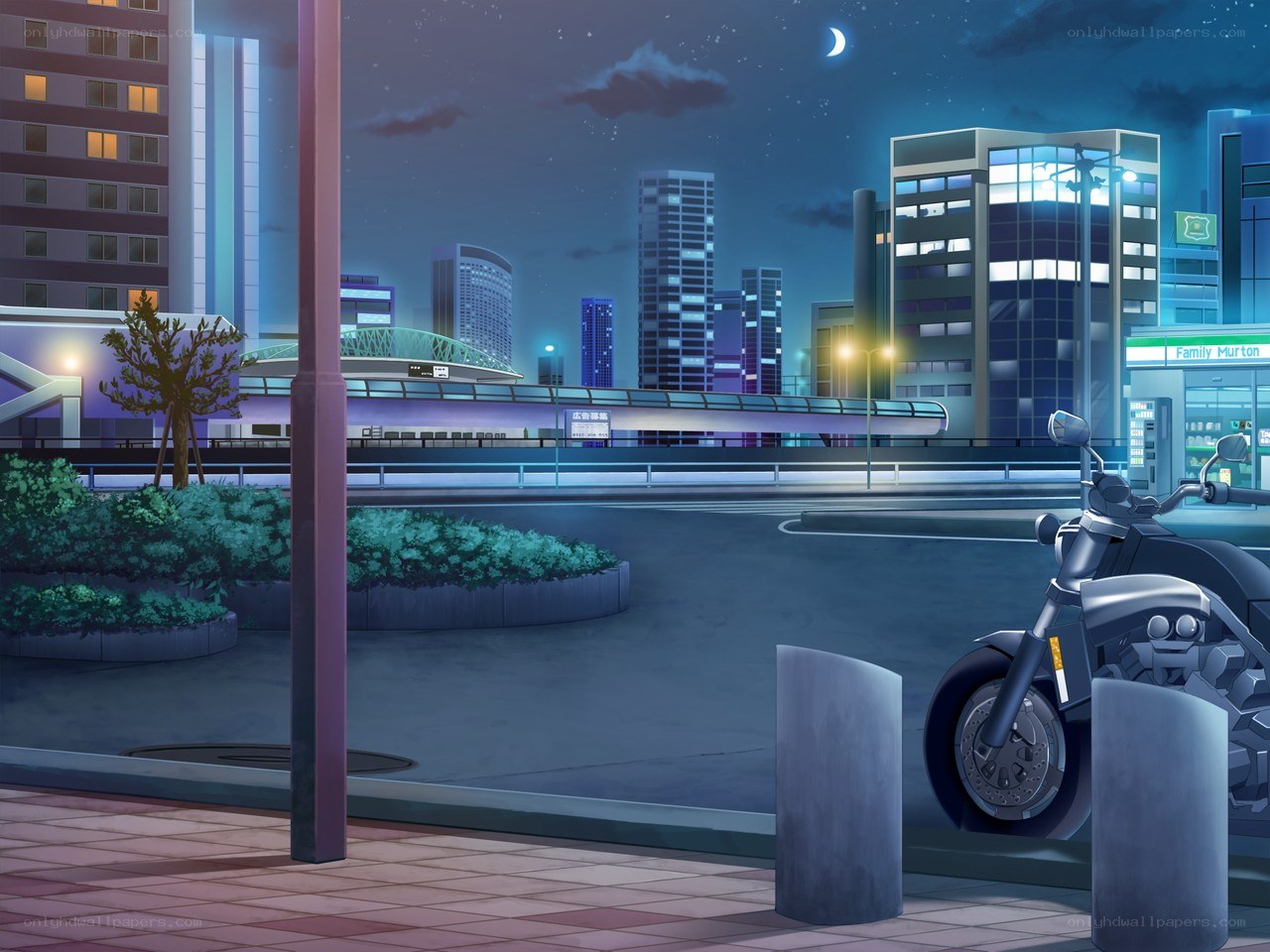 Nighttime city scene with motorcycle