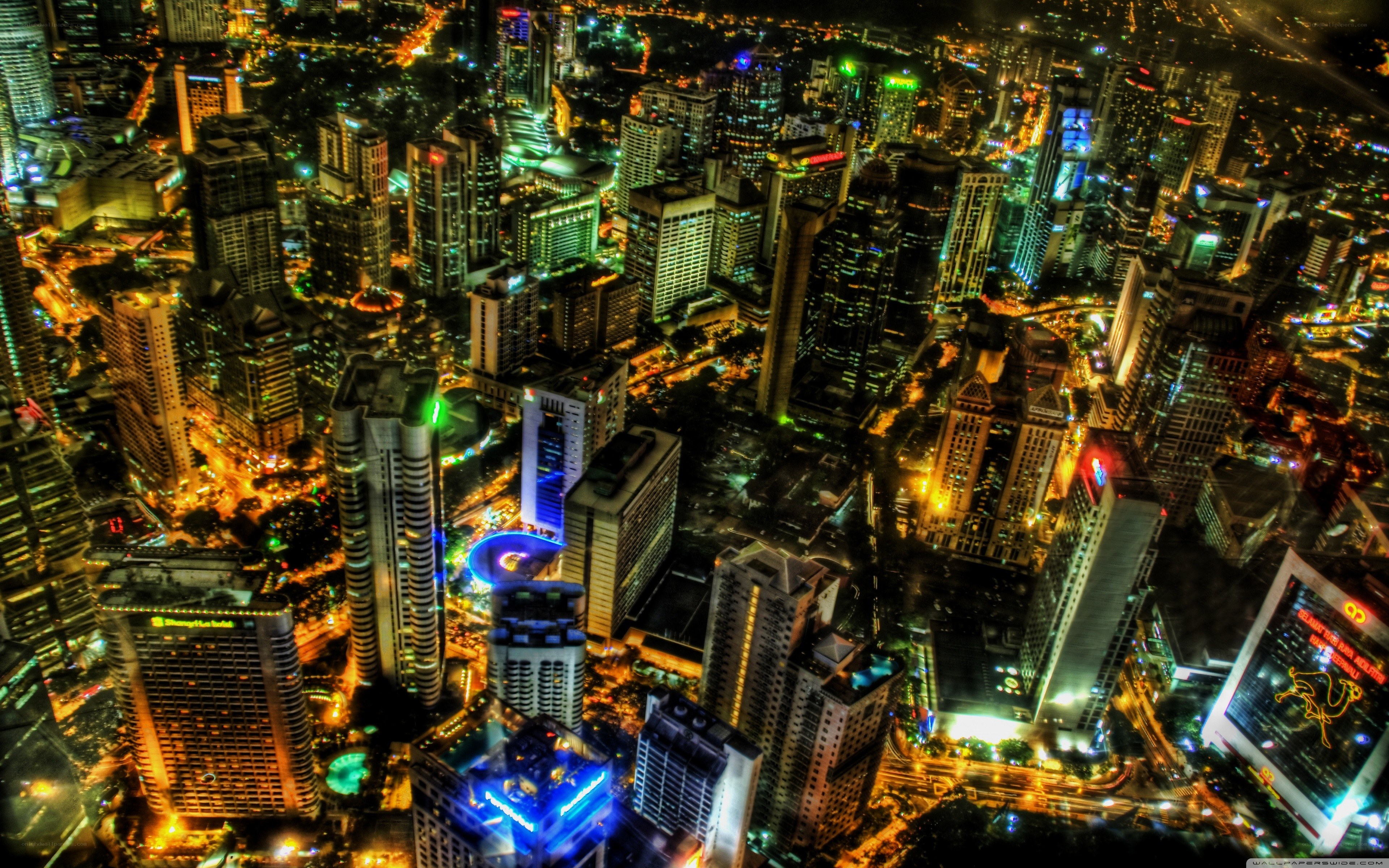 nighttime city skyline aerial view