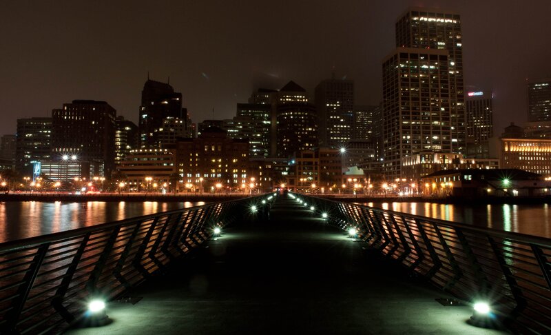 Nighttime City Skyline — Black, Calm, Night, Photograph, Bridge, Buildings