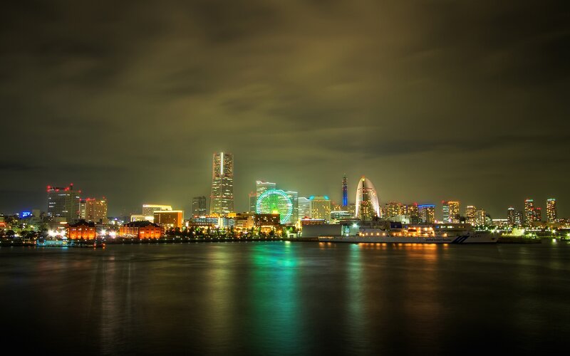 Nighttime City Skyline — Black, Calm, Night, Photograph, Skyscraper, Ferris Wheel