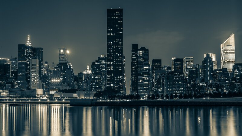 Nighttime City Skyline — Black, Calm, Night, Photograph, Skyscrapers, River