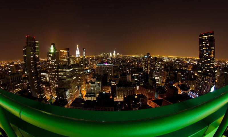 Nighttime City Skyline — Black, Dark, Night, Photograph, Skyscrapers, City Lights, Green Railing