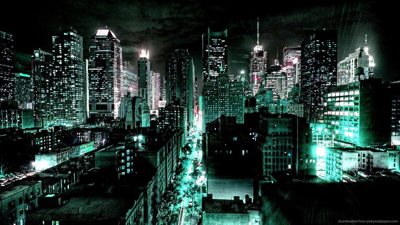 Nighttime City Skyline — Black, Dark, Night, Photograph, Skyscrapers, Streetlights, Buildings, Green, White