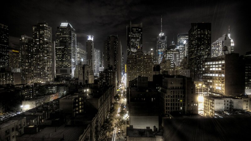 Nighttime City Skyline — Black, Dark, Night, Photograph, Skyscrapers, Streets, Buildings