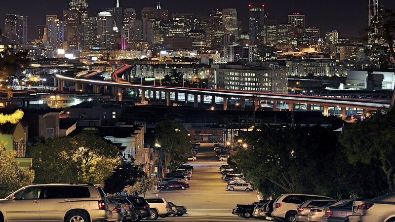 Nighttime City Skyline — Black, Dramatic, Night, Photograph, Highway
