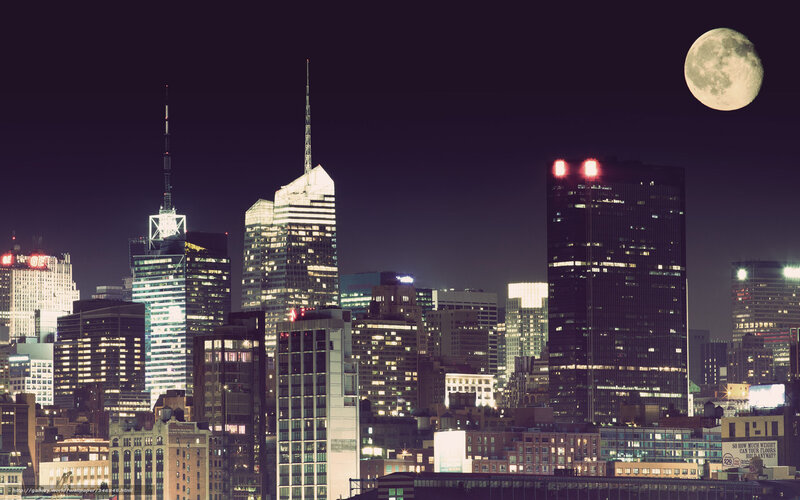 Nighttime City Skyline — Black, Dramatic, Night, Photograph, Moon